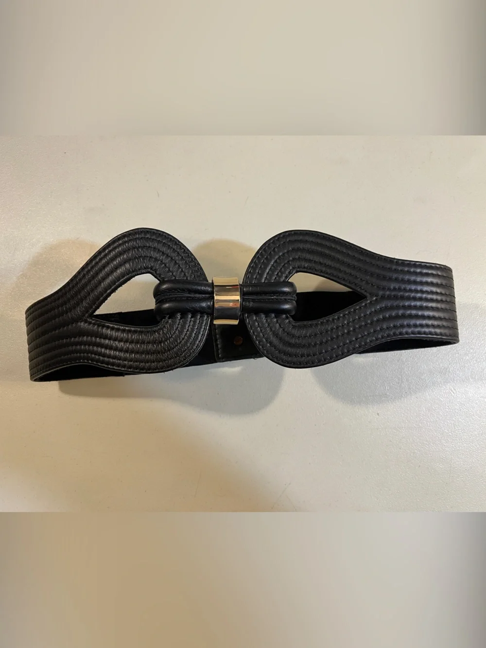 Black Sculpted Elastic Waist Belt with Gold Buckle